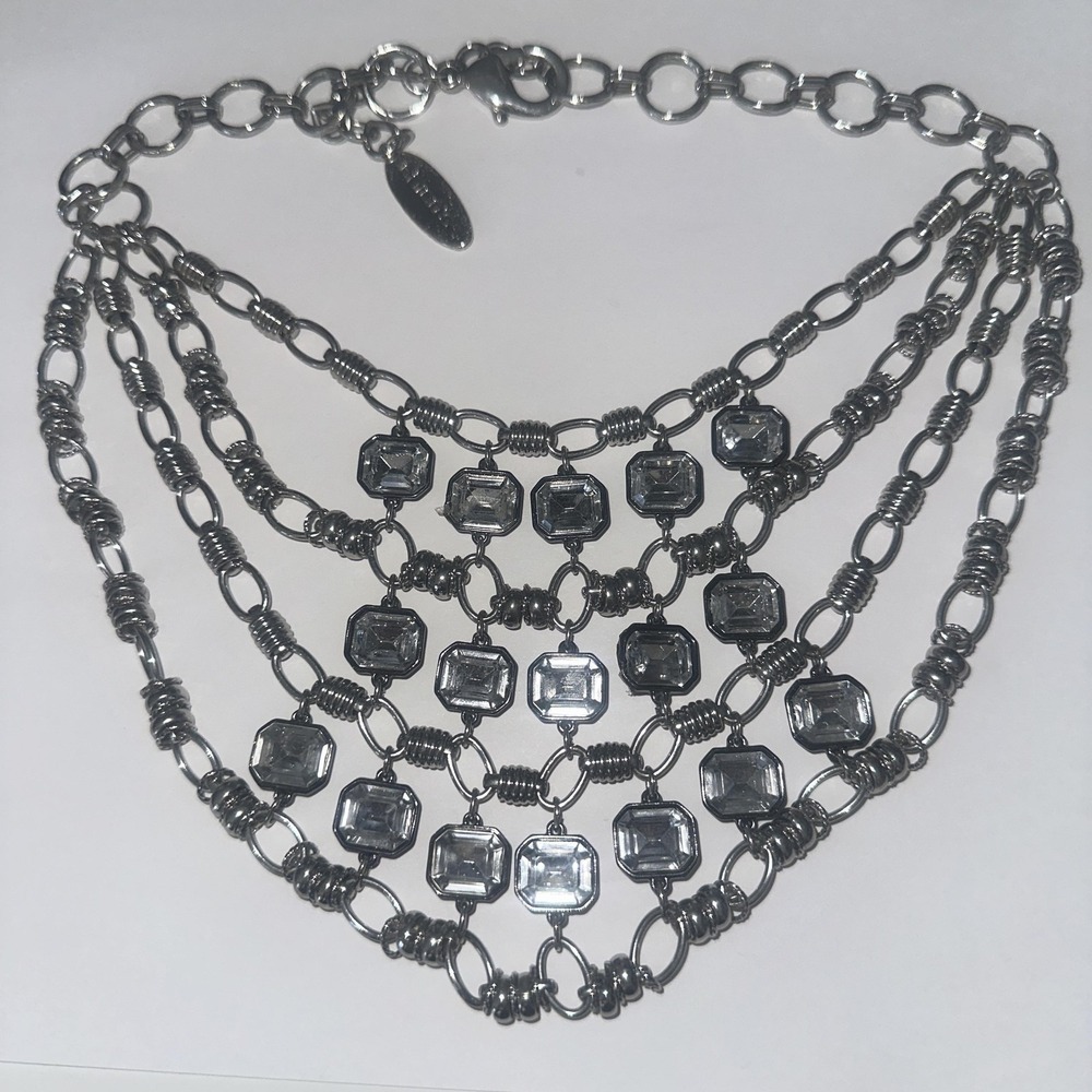 Chico's Valerie Silver‎ Tone Crystal Bib Necklace Reversible Statement 20 Inch